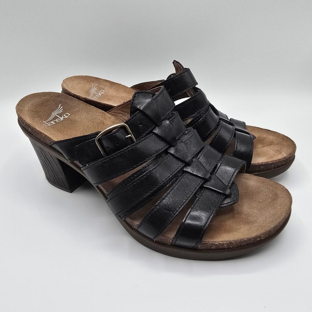 Dansko Dina black leather strappy chunky heels size 39 sandals buckle‎ faux wood